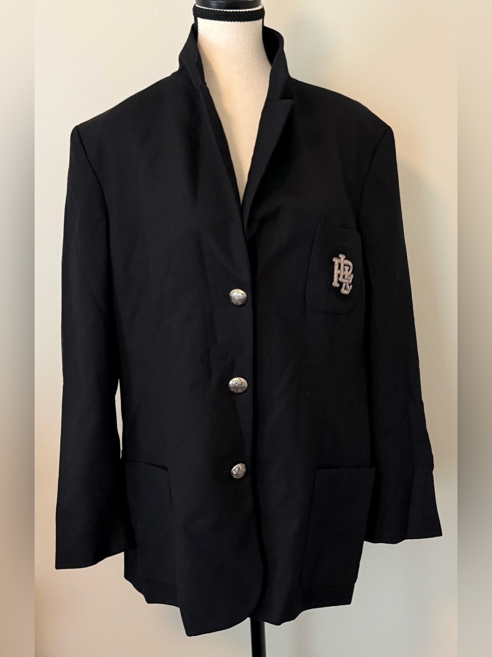 Ralph Lauren Black Blazer with Embroidered Monogram Patch